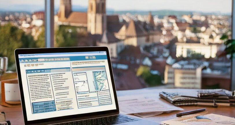 Ein moderner Arbeitsplatz mit einem Laptop, der eine Website im Bearbeitungsmodus zeigt. Auf dem Bildschirm sind Elemente wie eine Landingpage, SEO-Daten oder ein Formular sichtbar. Im Hintergrund unscharf ein Wahrzeichen von Basel, wie die Mittlere Brücke oder das Basler Münster. Auf dem Schreibtisch befinden sich zusätzlich Notizblätter, Diagramme und Post-its, die Business-Strategie und Kreativität symbolisieren. Die Farbpalette ist warm und einladend, mit Sand-, Grau- und Blautönen, um Professionalität und Kreativität auszudrücken.