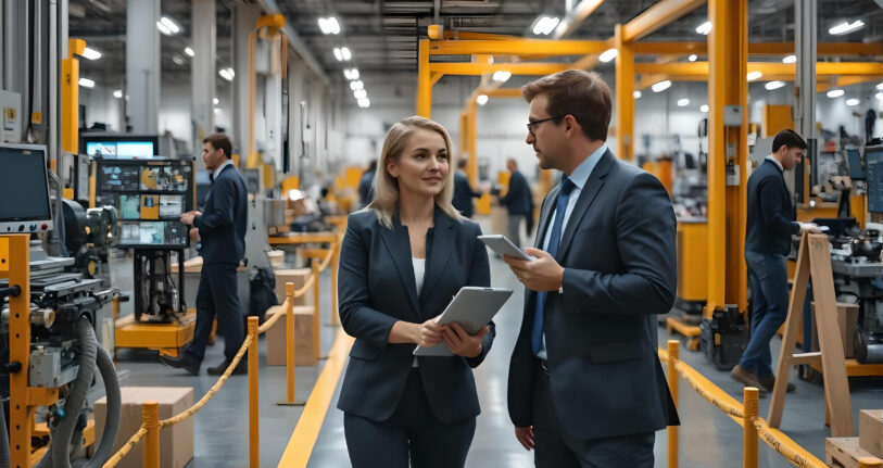 Personen die sich bei einem Gemba-Walk unterhalten. Es geht um Digitalisierung