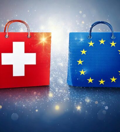 Vergleich zwischen Shopify-Shops in der Schweiz und Europa, dargestellt durch eine Schweizer Flagge, eine europäische Flagge und ein Shop-Symbol in der Mitte.