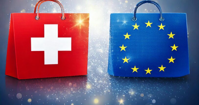 Vergleich zwischen Shopify-Shops in der Schweiz und Europa, dargestellt durch eine Schweizer Flagge, eine europäische Flagge und ein Shop-Symbol in der Mitte.