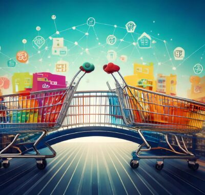 E-Commerce-SEO Illustration. Eine kreative digitale Illustration, die eine stilisierte Brücke zwischen einem Warenkorb-Symbol und einer Marktplatz-Darstellung zeigt, symbolisch für die Verbindung zwischen Online-Shops und Plattformen wie Amazon. Die Brücke enthält Puzzle-Elemente, die den Aufbau einer Strategie darstellen, und das Design ist modern, minimalistisch und professionell. Der Hintergrund ist hell und clean, um den Fokus auf die Symbole und die Verbindung zu legen.