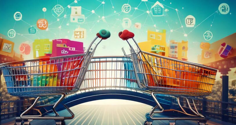 E-Commerce-SEO Illustration. Eine kreative digitale Illustration, die eine stilisierte Brücke zwischen einem Warenkorb-Symbol und einer Marktplatz-Darstellung zeigt, symbolisch für die Verbindung zwischen Online-Shops und Plattformen wie Amazon. Die Brücke enthält Puzzle-Elemente, die den Aufbau einer Strategie darstellen, und das Design ist modern, minimalistisch und professionell. Der Hintergrund ist hell und clean, um den Fokus auf die Symbole und die Verbindung zu legen.