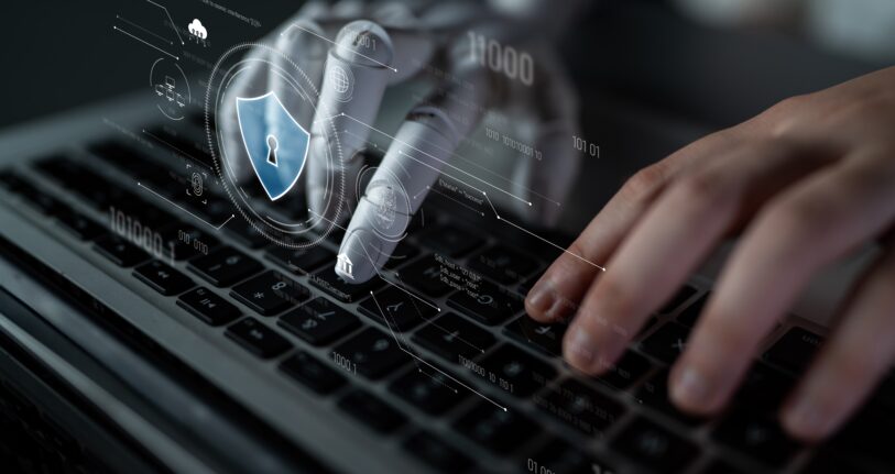 AI securing digital infrastructure, analyzing biometric authentication, monitoring threats, and managing identity protection through intelligent cybersecurity protocols. Latch