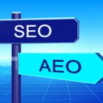 Wegweise für AEO und SEO. Es symbolisiert, dass SEO nach wie vor der richtige weg ist