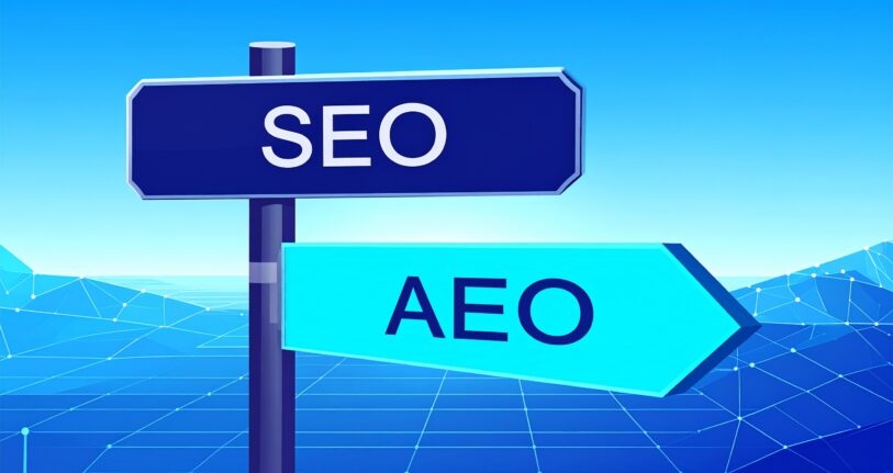 Wegweise für AEO und SEO. Es symbolisiert, dass SEO nach wie vor der richtige weg ist