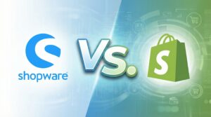 Shopify vs Shopware: Links ist das blaue Shopware-Logo mit dem Schriftzug "shopware" auf hellblauem Hintergrund zu sehen, während rechts das grüne Shopify-Logo, eine Einkaufstasche mit einem weißen "S", auf grünem Hintergrund abgebildet ist. Ein großes, dreidimensionales "Vs." in der Mitte trennt die beiden Seiten. Im Hintergrund sind digitale Muster und verschiedene E-Commerce-Symbole wie Warenkörbe und Kreditkarten erkennbar.