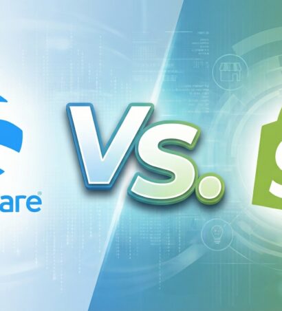 Shopify vs Shopware: Links ist das blaue Shopware-Logo mit dem Schriftzug "shopware" auf hellblauem Hintergrund zu sehen, während rechts das grüne Shopify-Logo, eine Einkaufstasche mit einem weißen "S", auf grünem Hintergrund abgebildet ist. Ein großes, dreidimensionales "Vs." in der Mitte trennt die beiden Seiten. Im Hintergrund sind digitale Muster und verschiedene E-Commerce-Symbole wie Warenkörbe und Kreditkarten erkennbar.
