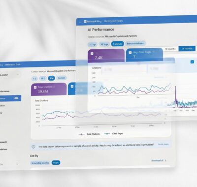 Zwei transparente Browserfenster zeigen die Benutzeroberfläche von Microsoft Bing Webmaster Tools. Das vordere Fenster zeigt Leistungsdaten zur KI-Performance mit 7.4K Zitationen, 7 durchschnittlich zitierten Seiten und 0.52% durchschnittlicher Klickrate, dargestellt in Liniendiagrammen über Monate. Das hintere Fenster zeigt ebenfalls Metriken zur AI-Performance mit 39.4M Gesamtzitationen und einem Liniendiagramm. Im Hintergrund sind weiche Schatten von Palmblättern auf einer hellgrauen Wand zu sehen.