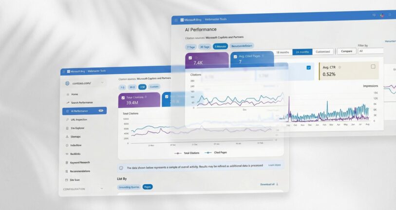 Zwei transparente Browserfenster zeigen die Benutzeroberfläche von Microsoft Bing Webmaster Tools. Das vordere Fenster zeigt Leistungsdaten zur KI-Performance mit 7.4K Zitationen, 7 durchschnittlich zitierten Seiten und 0.52% durchschnittlicher Klickrate, dargestellt in Liniendiagrammen über Monate. Das hintere Fenster zeigt ebenfalls Metriken zur AI-Performance mit 39.4M Gesamtzitationen und einem Liniendiagramm. Im Hintergrund sind weiche Schatten von Palmblättern auf einer hellgrauen Wand zu sehen.