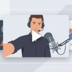 Vier überlappende Video-Player-Fenster. Ein Fenster zeigt einen Mann im Anzug, der in ein Mikrofon spricht. Ein anderes zeigt eine Gruppe von fünf Personen im Freien, die winken. Ein weiteres Fenster präsentiert Diagramme und Grafiken. Das vierte Fenster zeigt Hände, die mit einem Stift auf einem Tablet schreiben. Alle Video-Player haben einen Wiedergabe-Button.