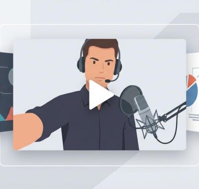 Vier überlappende Video-Player-Fenster. Ein Fenster zeigt einen Mann im Anzug, der in ein Mikrofon spricht. Ein anderes zeigt eine Gruppe von fünf Personen im Freien, die winken. Ein weiteres Fenster präsentiert Diagramme und Grafiken. Das vierte Fenster zeigt Hände, die mit einem Stift auf einem Tablet schreiben. Alle Video-Player haben einen Wiedergabe-Button.