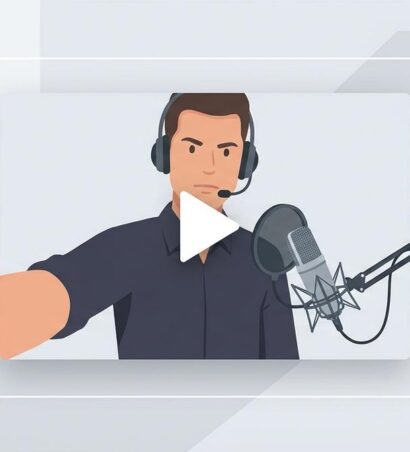 Vier überlappende Video-Player-Fenster. Ein Fenster zeigt einen Mann im Anzug, der in ein Mikrofon spricht. Ein anderes zeigt eine Gruppe von fünf Personen im Freien, die winken. Ein weiteres Fenster präsentiert Diagramme und Grafiken. Das vierte Fenster zeigt Hände, die mit einem Stift auf einem Tablet schreiben. Alle Video-Player haben einen Wiedergabe-Button.