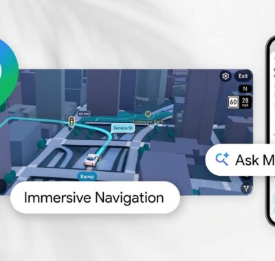 Dieses google-maps-update-ki zeigt immersive Navigation und die 'Ask Maps'-KI-Chatfunktion. Links ist ein Navigationsbildschirm mit einer detaillierten 3D-Stadtansicht, einem weißen Auto auf einer Routenführung und einem großen, bunten Google Maps-Pin zu sehen. Rechts daneben ein Smartphone mit der 'Ask Maps'-Benutzeroberfläche und einer Tastatur, die vordefinierte Fragen zur Navigation anzeigt.