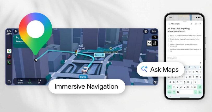 Dieses google-maps-update-ki zeigt immersive Navigation und die 'Ask Maps'-KI-Chatfunktion. Links ist ein Navigationsbildschirm mit einer detaillierten 3D-Stadtansicht, einem weißen Auto auf einer Routenführung und einem großen, bunten Google Maps-Pin zu sehen. Rechts daneben ein Smartphone mit der 'Ask Maps'-Benutzeroberfläche und einer Tastatur, die vordefinierte Fragen zur Navigation anzeigt.
