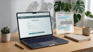 Ein geöffnetes MacBook auf einem Holztisch zeigt ein Kontaktformular, das über blaue Linien mit einem schwebenden, transparenten Chat-Assistentenfenster verbunden ist. Auf dem Tisch befinden sich auch eine Sukkulente, ein Holzstift, ein Notizbuch und eine Kaffeetasse.