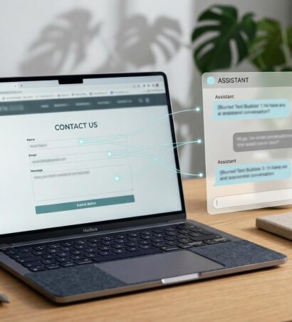 Ein geöffnetes MacBook auf einem Holztisch zeigt ein Kontaktformular, das über blaue Linien mit einem schwebenden, transparenten Chat-Assistentenfenster verbunden ist. Auf dem Tisch befinden sich auch eine Sukkulente, ein Holzstift, ein Notizbuch und eine Kaffeetasse.