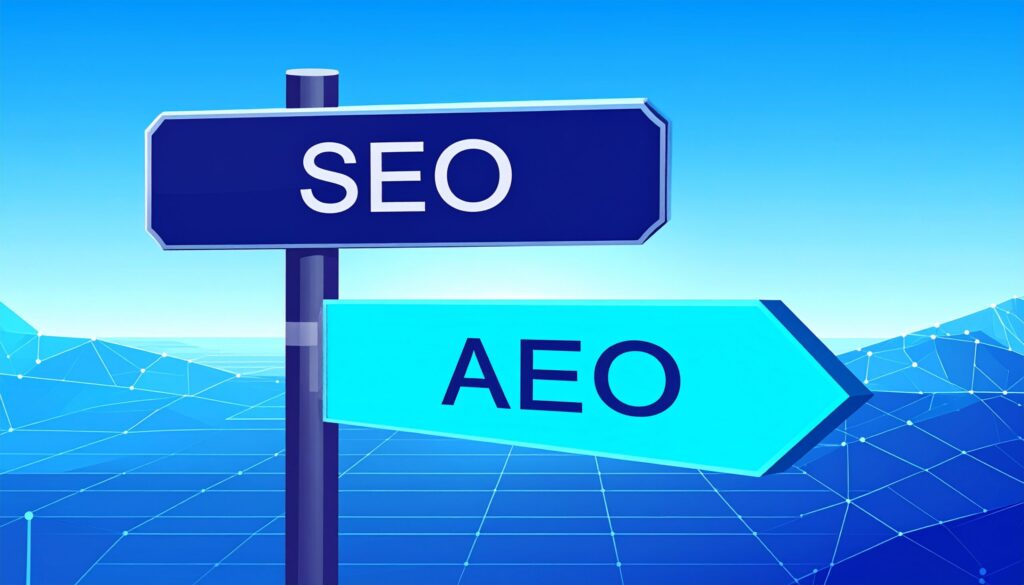 Wegweise für AEO und SEO. Es symbolisiert, dass SEO nach wie vor der richtige weg ist