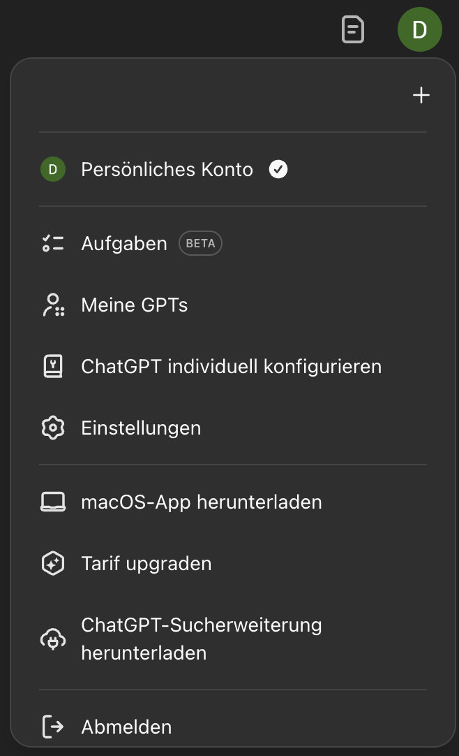 ChatGPT-Seitenmenü mit dem Eintrag Aufgaben