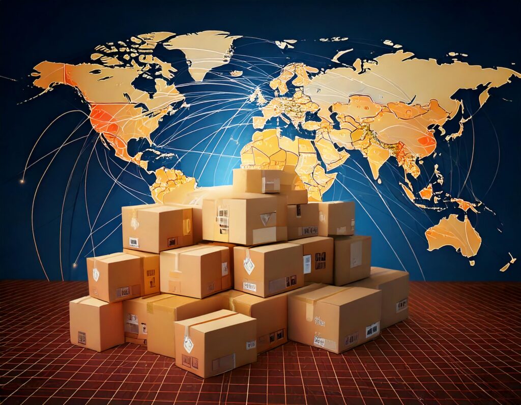 Eine moderne digitale Illustration, die Amazon FBA und den internationalen Versand darstellt. Ein Stapel von Amazon-Paketen mit dem typischen Smiley-Logo steht im Vordergrund. Im Hintergrund eine stilisierte Weltkarte, auf der die EU-Länder hervorgehoben sind. Verbindungslinien führen von einem Punkt in der Schweiz (markiert mit einer Schweizer Flagge) zu mehreren Orten in der EU. Die Farben der Pakete sind in warmen Braun- und Orangetönen gehalten, während die Weltkarte mit Blau- und Grüntönen den internationalen Fokus betont. Die Illustration wirkt professionell und einladend, ideal zur Darstellung von Logistik und E-Commerce.