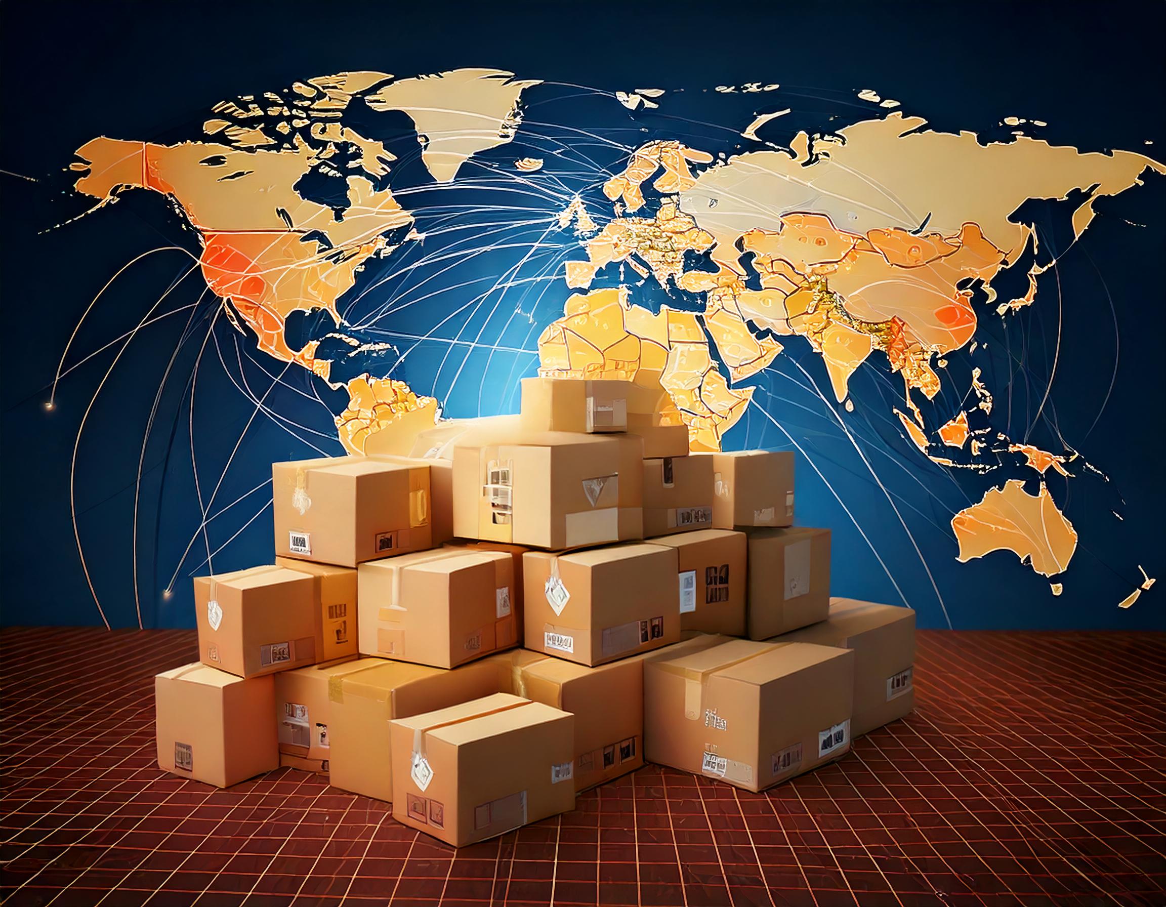 Eine moderne digitale Illustration, die Amazon FBA und den internationalen Versand darstellt. Ein Stapel von Amazon-Paketen mit dem typischen Smiley-Logo steht im Vordergrund. Im Hintergrund eine stilisierte Weltkarte, auf der die EU-Länder hervorgehoben sind. Verbindungslinien führen von einem Punkt in der Schweiz (markiert mit einer Schweizer Flagge) zu mehreren Orten in der EU. Die Farben der Pakete sind in warmen Braun- und Orangetönen gehalten, während die Weltkarte mit Blau- und Grüntönen den internationalen Fokus betont. Die Illustration wirkt professionell und einladend, ideal zur Darstellung von Logistik und E-Commerce.