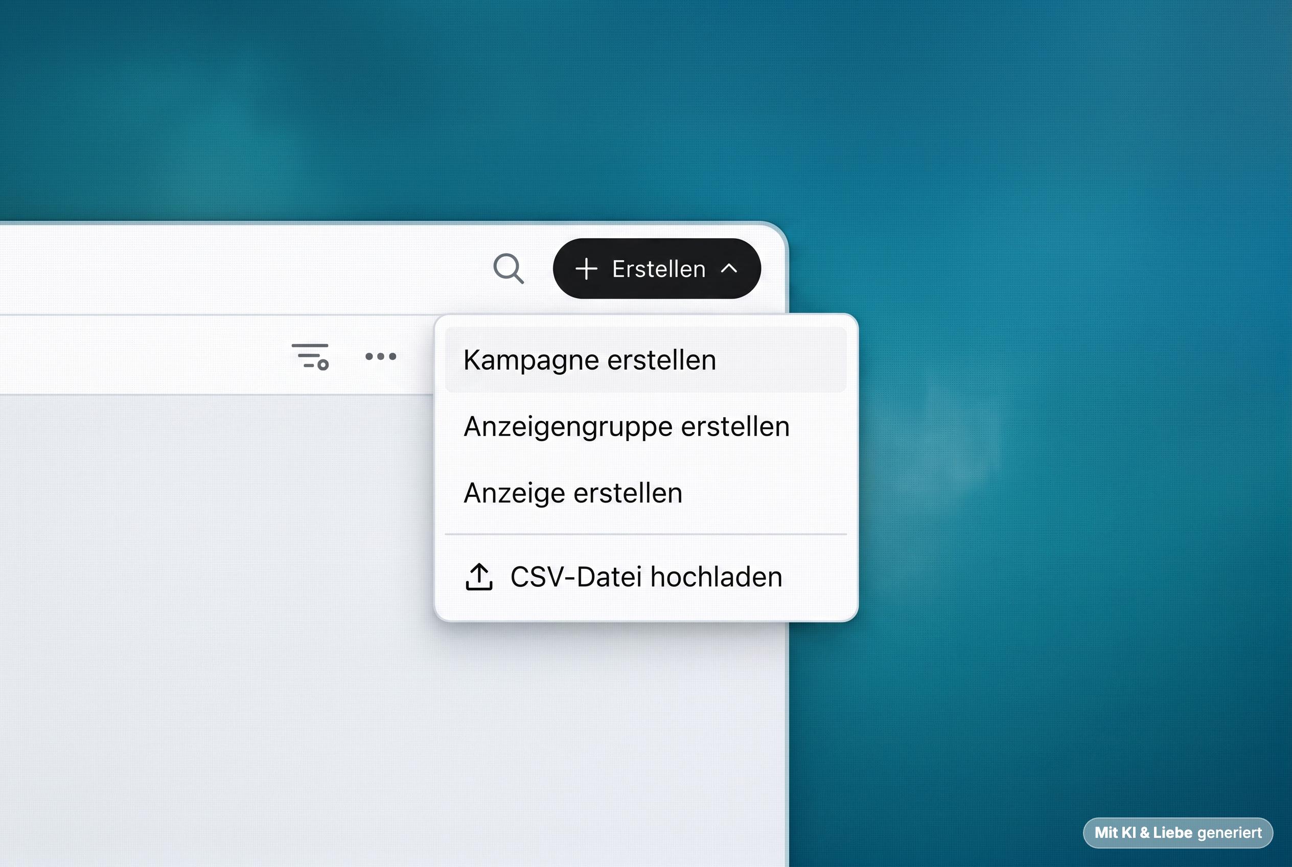 Ein geöffnetes Dropdown-Menü unter einem "+ Erstellen"-Button zeigt die Optionen "Kampagne erstellen", "Anzeigengruppe erstellen", "Anzeige erstellen" und "CSV-Datei hochladen" in einer Verwaltungsansicht für Elephants Monkeys ChatGPT Ads.