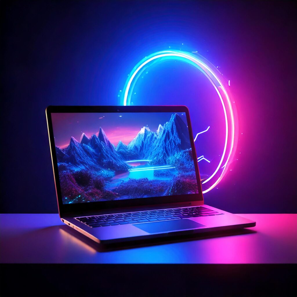 Ein modernes Design: Ein Foto eines Laptops auf einem Schreibtisch, der ein Bildbearbeitungsprogramm mit einem hervorgehobenen Alt-Text zeigt (‘Alt-Text: Eine Landschaft mit See und Bergen’). Im Hintergrund sind unscharf SEO-Symbole wie eine Lupe und ein Ranking-Diagramm zu sehen. Das Farbschema ist minimalistisch, mit sanften Blau- und Grautönen, um einen professionellen und modernen Look zu vermitteln.