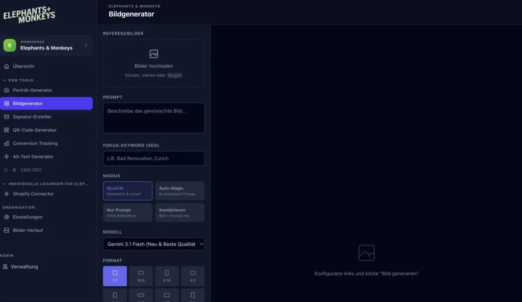 Bildgenerator mit Referenzbildern, Prompt und Formatauswahl