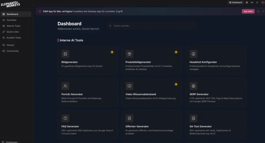 Toolbox-Dashboard mit der Werkzeugauswahl