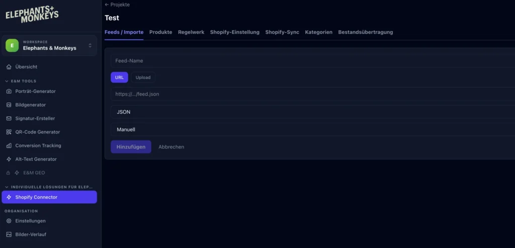 Shopify Connector mit Produktfeeds und Import-Einstellungen