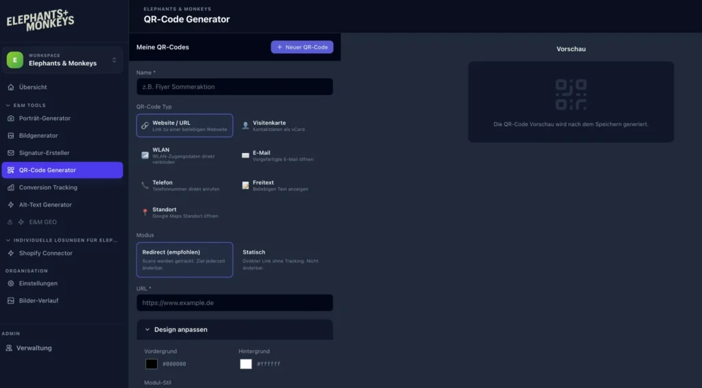 QR-Code-Generator mit Typen, Gestaltung und Vorschau