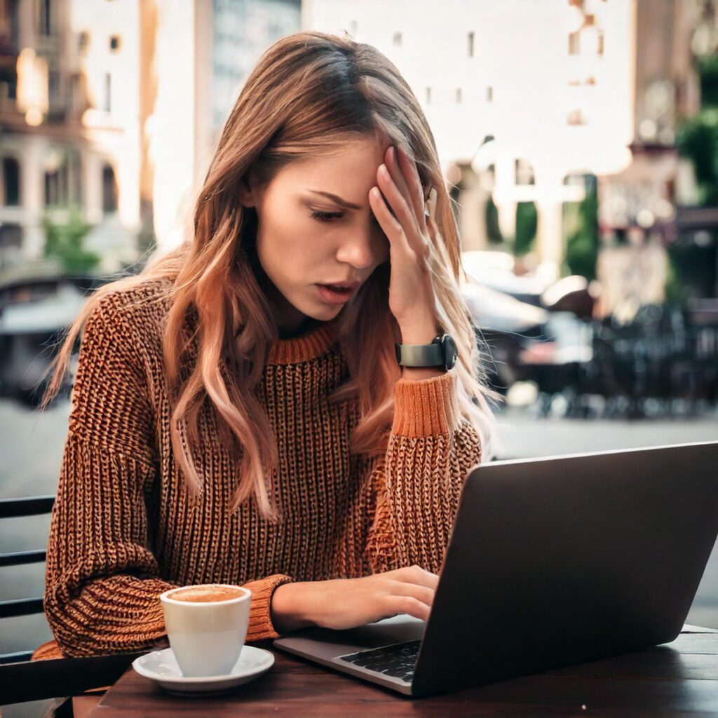 Frau beim SEO-Relaunch verzweifelt. Sitzt im Café