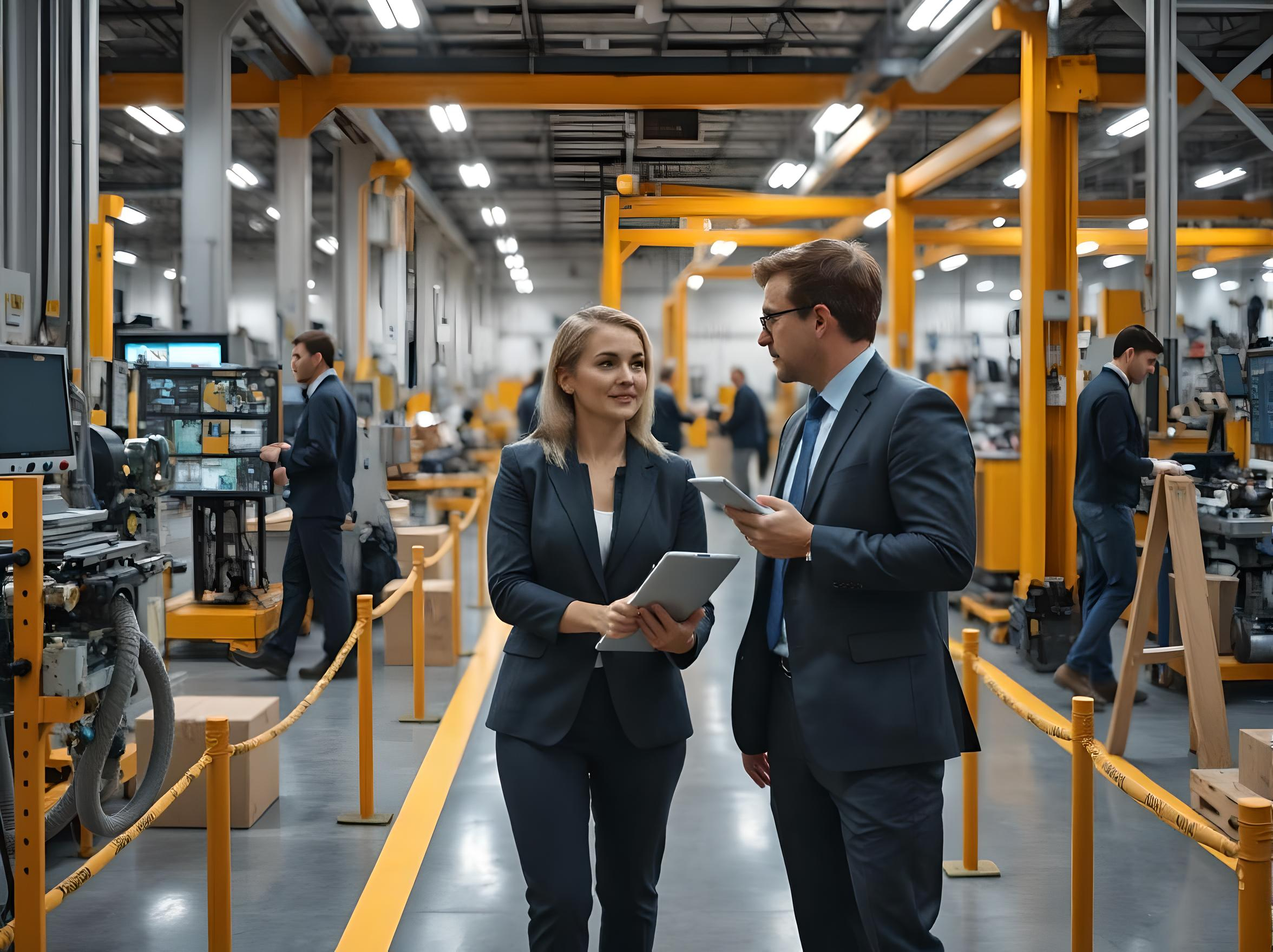 Personen die sich bei einem Gemba-Walk unterhalten. Es geht um Digitalisierung