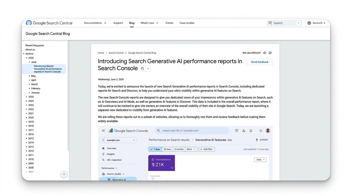 Google Search Central Blog mit einem Beitrag zu generativen KI-Leistungsberichten