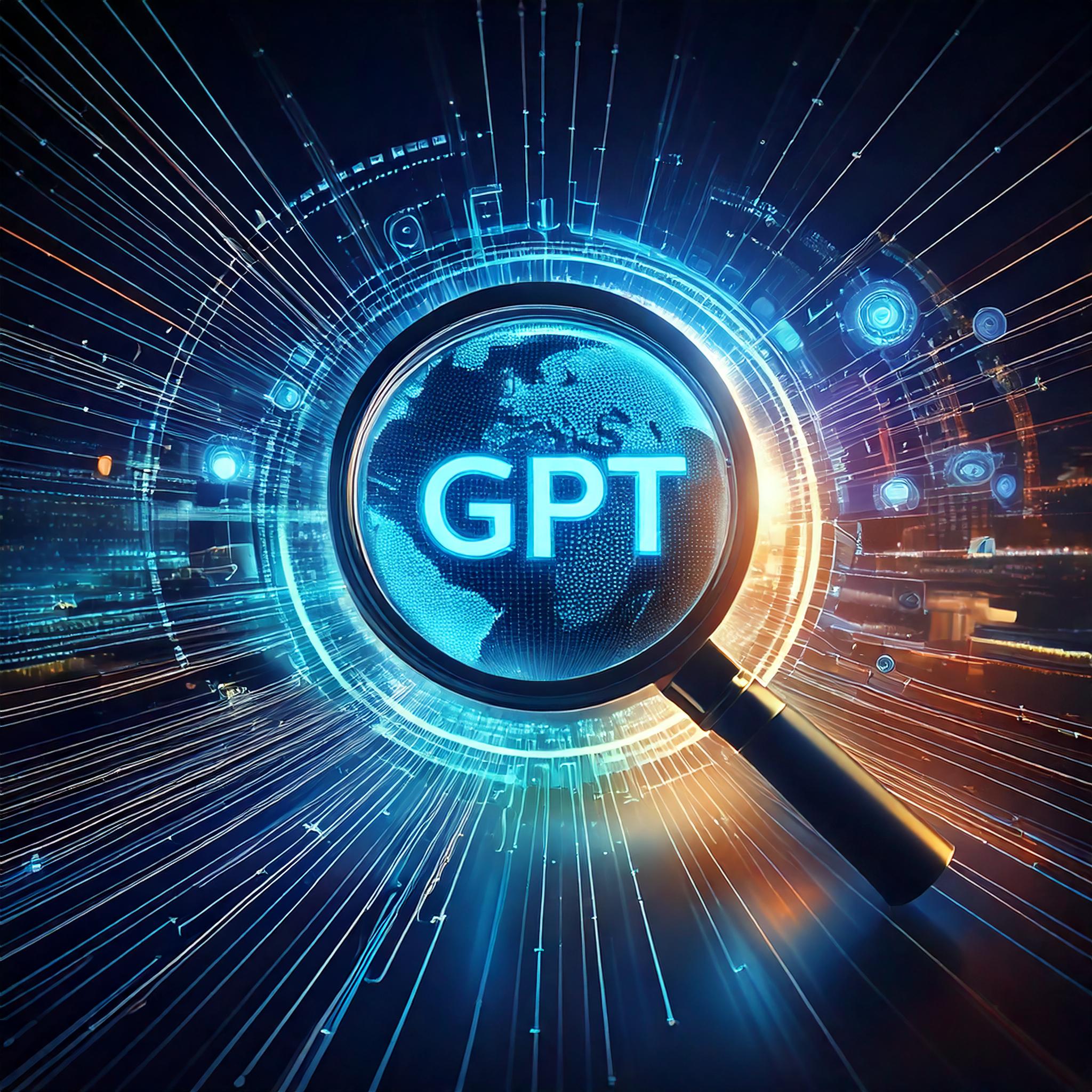 Leuchtendes GPT-Symbol in einer Lupe als Illustration zur KI-Suche