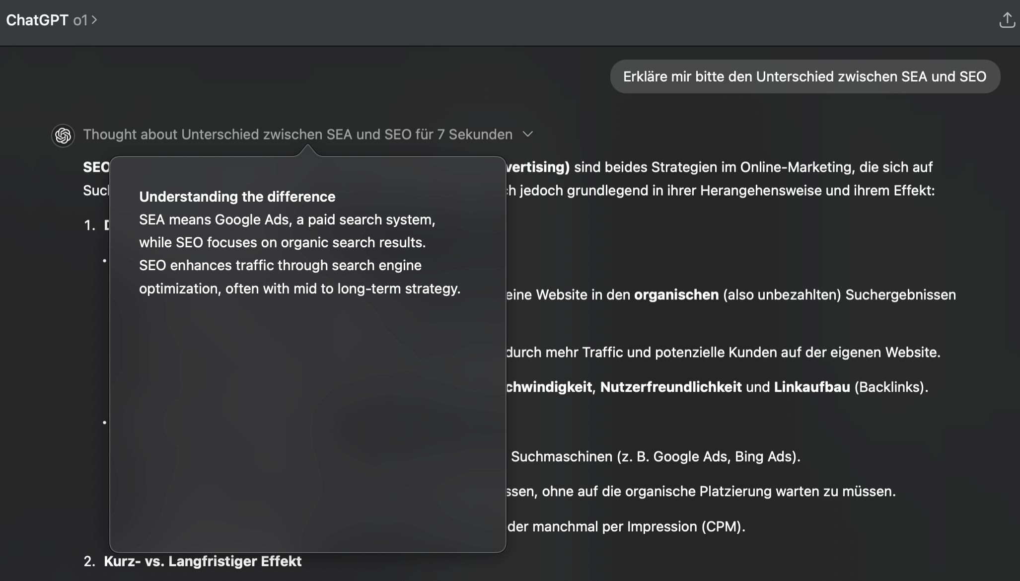 ChatGPT-Antwort mit nummerierten Arbeitsschritten