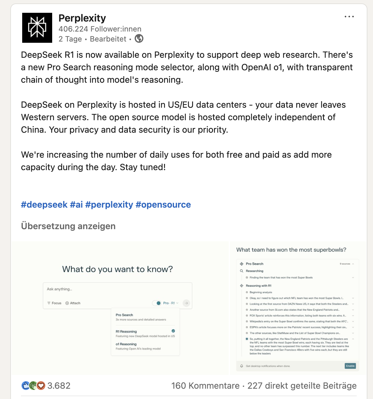 Perplexity-Antwort mit Quellenangaben und verwandten Fragen