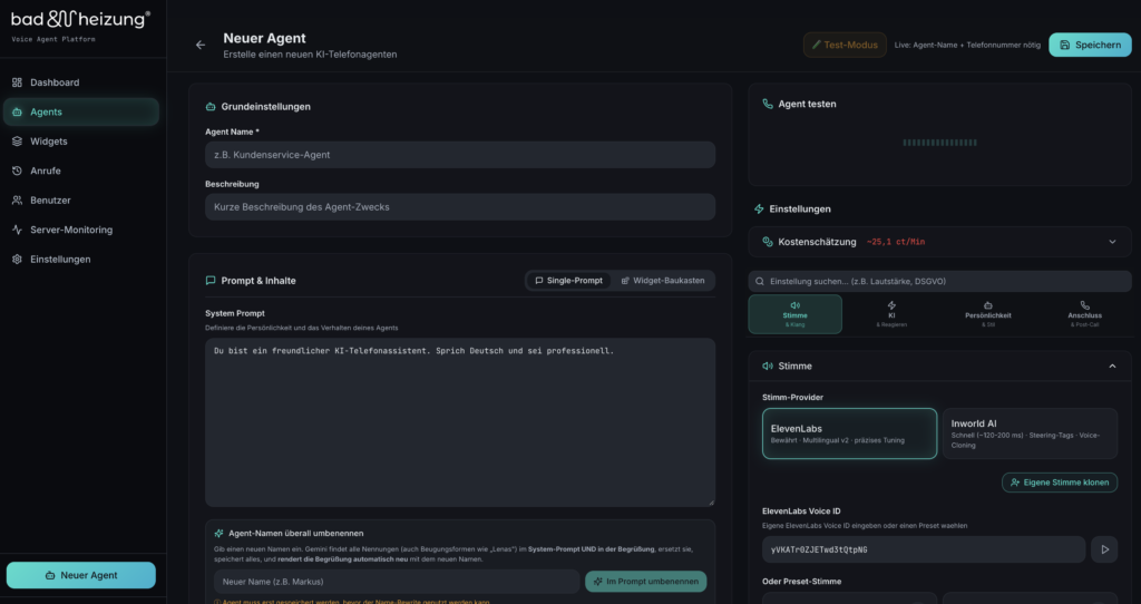 Oberfläche der selbst entwickelten KI-Telefonplattform mit Agent-Konfiguration, Widget-Baukasten und SIP-Anschluss-Einstellungen