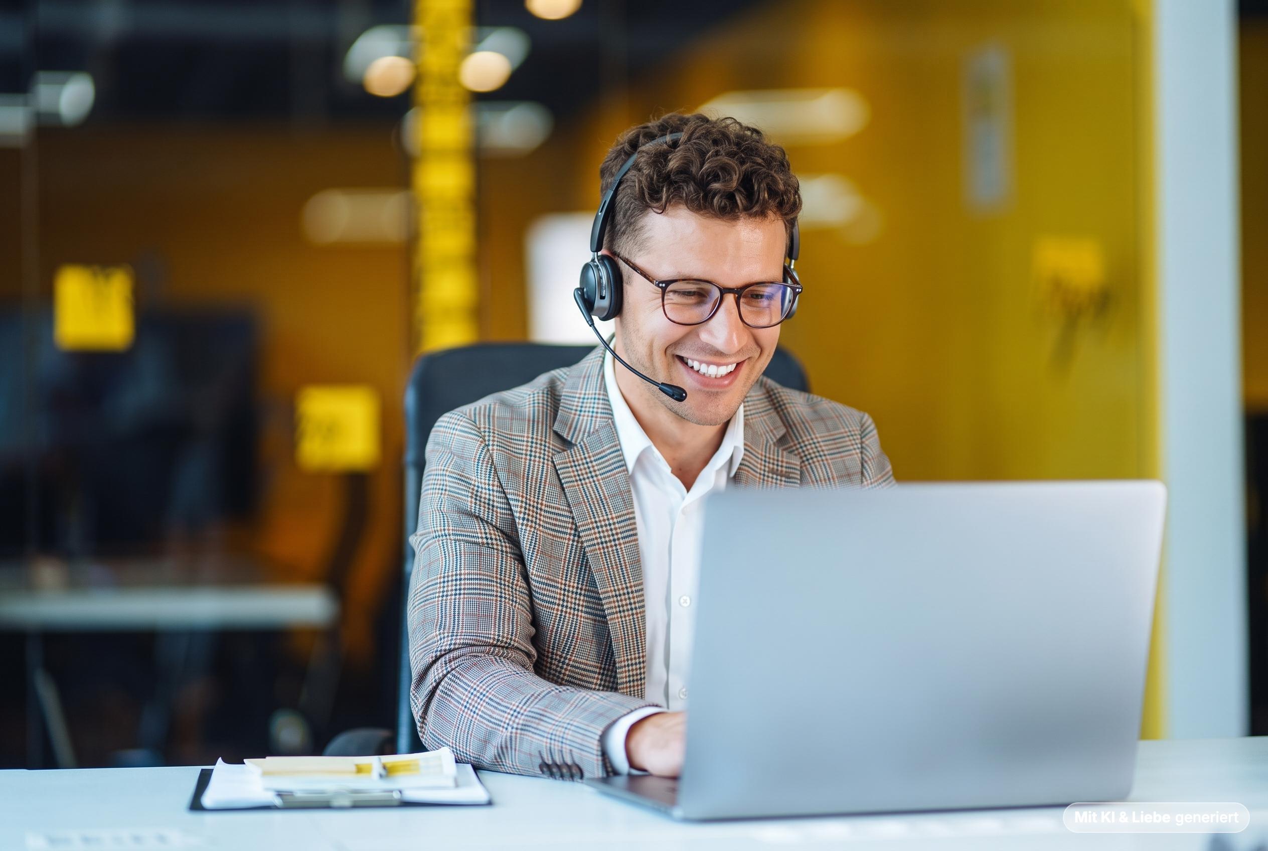 Ein lächelnder Mann mit braunem Lockenhaar und Brille, der ein Headset trägt, sitzt an einem weißen Schreibtisch und tippt auf einem silbernen Laptop. Er trägt ein weißes Hemd und einen karierten Blazer und blickt auf den Bildschirm, während er Elephants Monkeys ChatGPT Ads verwaltet.