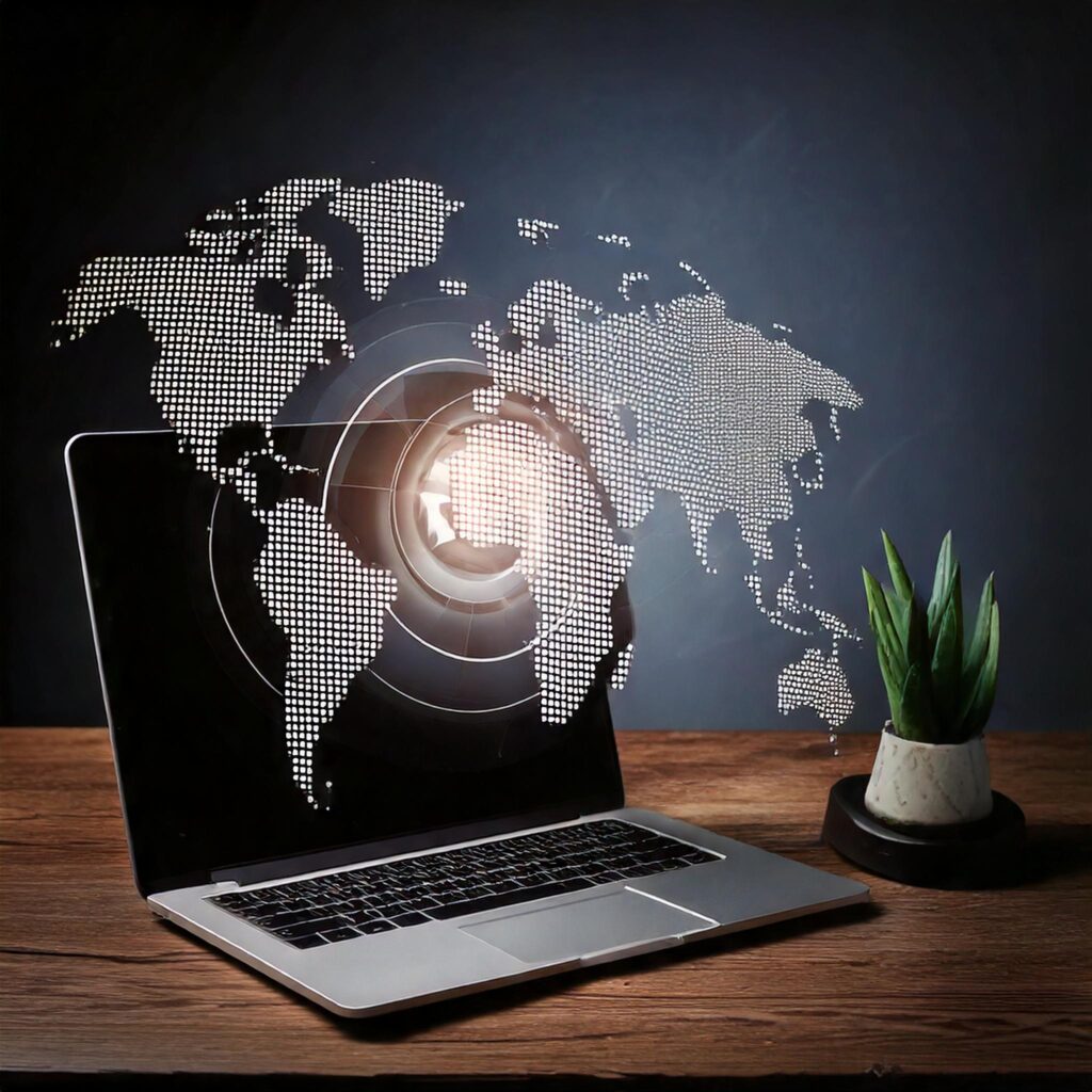 Ein stilisiertes Weltkarten-Design, auf dem Länder wie die Schweiz besonders hervorgehoben sind. Die Karte ist mit Symbolen wie einer Lupe (für SEO), einer .ch-Domain und Sprachflaggen (Deutsch, Französisch, Italienisch) angereichert. Im Vordergrund könnte ein Laptop mit geöffnetem Browser dargestellt sein, auf dem eine SEO-Analyse oder ein hreflang-Code sichtbar ist.