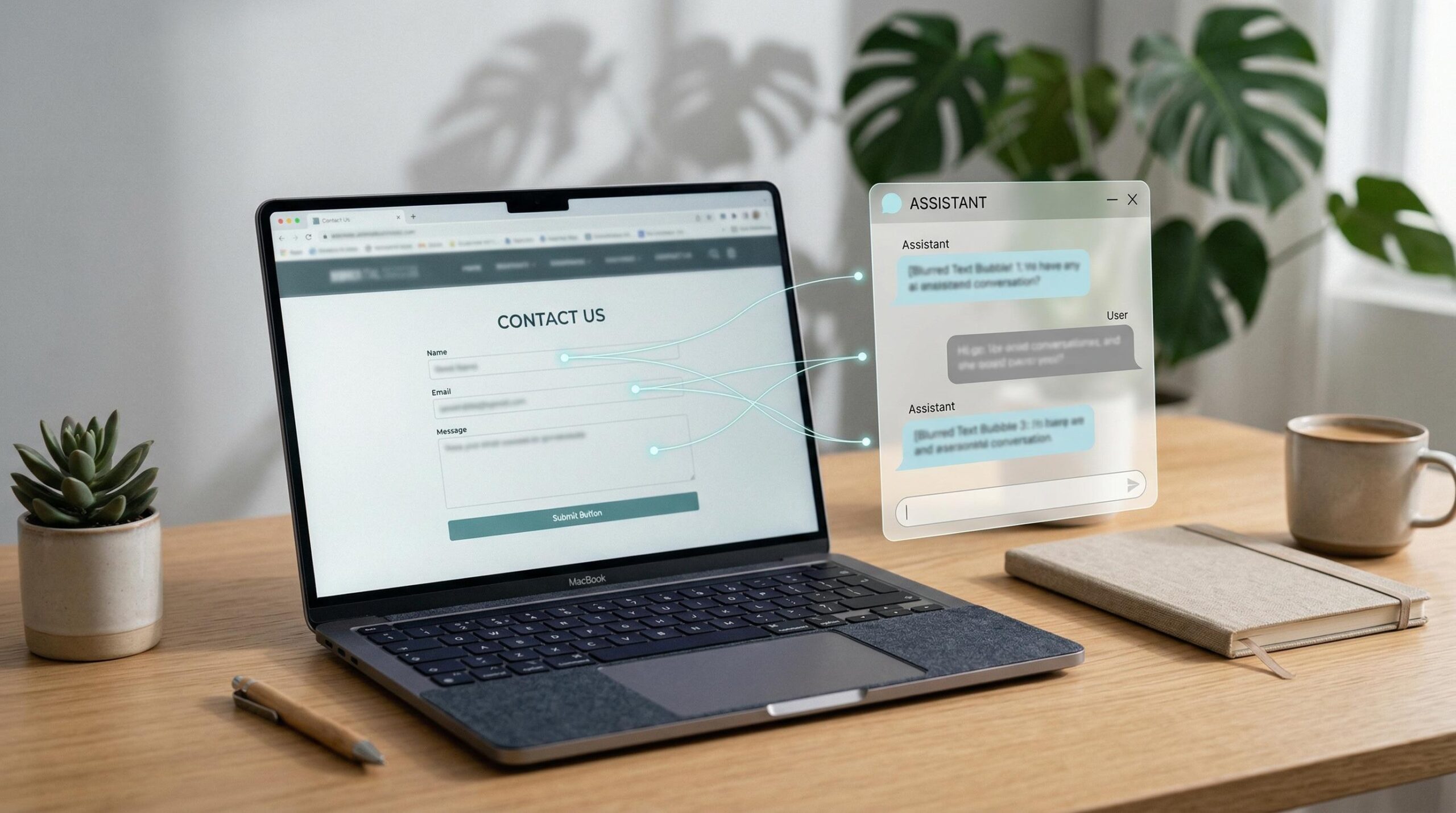 Ein geöffnetes MacBook auf einem Holztisch zeigt ein Kontaktformular, das über blaue Linien mit einem schwebenden, transparenten Chat-Assistentenfenster verbunden ist. Auf dem Tisch befinden sich auch eine Sukkulente, ein Holzstift, ein Notizbuch und eine Kaffeetasse.