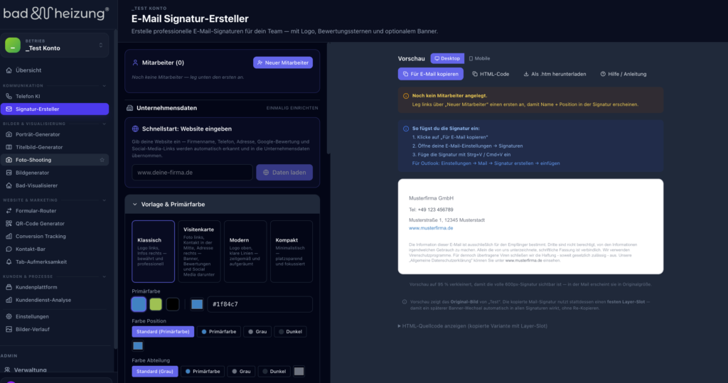 Marketing-Toolbox: E-Mail-Signatur-Ersteller in der zentralen Plattform für den Unternehmensverbund