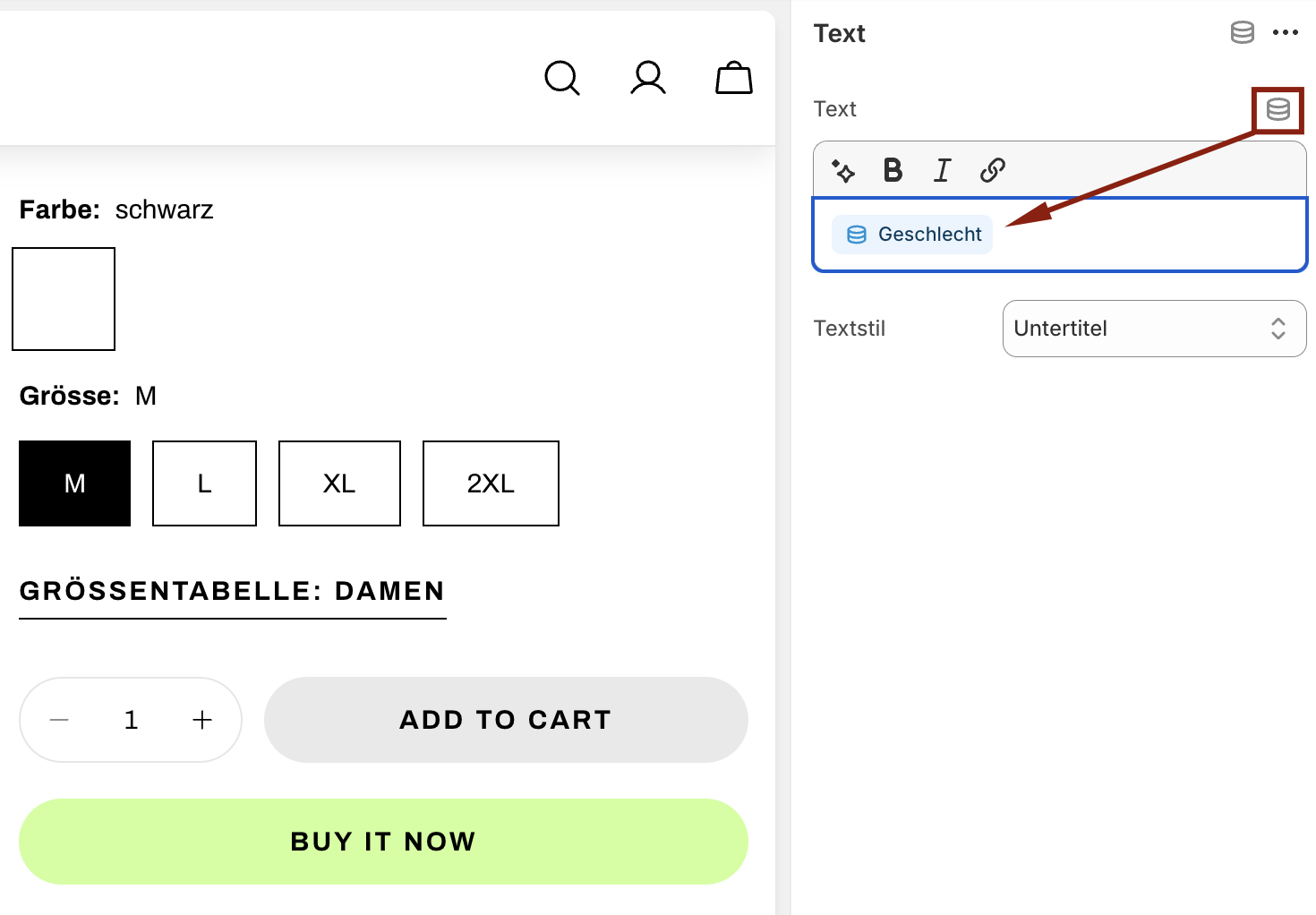 Shopify-Produktseite und Theme-Editor zur Einbindung von Metafeldern