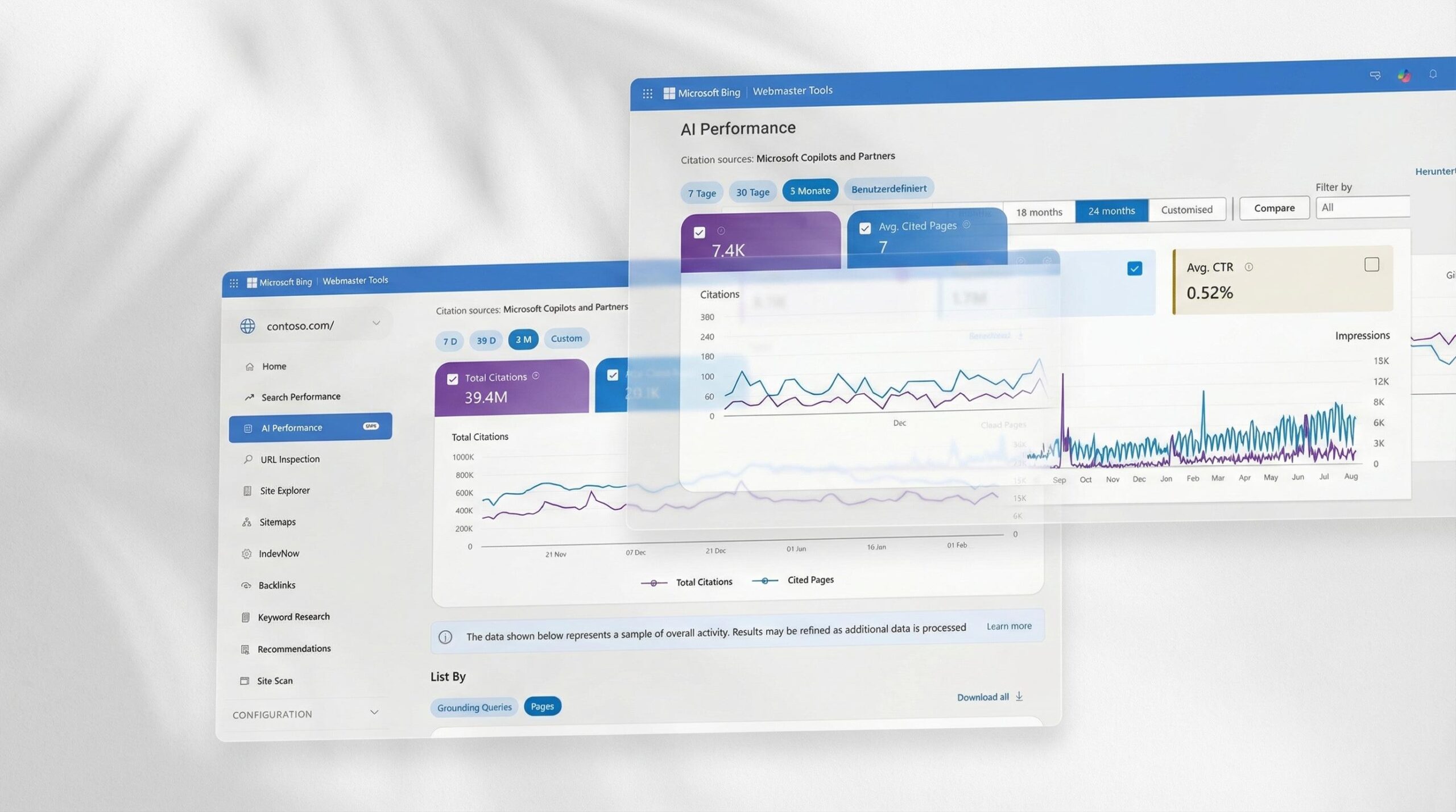 Zwei transparente Browserfenster zeigen die Benutzeroberfläche von Microsoft Bing Webmaster Tools. Das vordere Fenster zeigt Leistungsdaten zur KI-Performance mit 7.4K Zitationen, 7 durchschnittlich zitierten Seiten und 0.52% durchschnittlicher Klickrate, dargestellt in Liniendiagrammen über Monate. Das hintere Fenster zeigt ebenfalls Metriken zur AI-Performance mit 39.4M Gesamtzitationen und einem Liniendiagramm. Im Hintergrund sind weiche Schatten von Palmblättern auf einer hellgrauen Wand zu sehen.