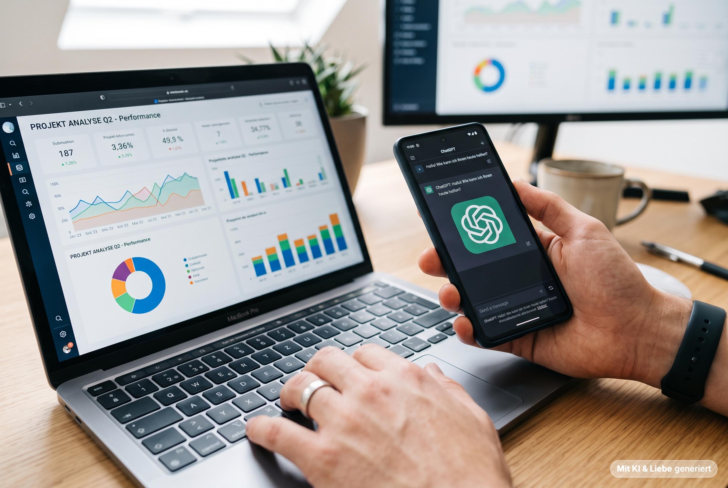 Eine Person tippt auf einem MacBook Pro Laptop, dessen Bildschirm eine detaillierte Projektanalyse mit Performance-Charts und Statistiken zeigt. Die linke Hand der Person hält ein Smartphone, auf dem die ge r offnete ChatGPT-App mit der Begrüßungsnachricht "Hallo! Wie kann ich Ihnen heute helfen?" zu sehen ist. Im Hintergrund stehen ein zweiter Monitor mit Datenvisualisierungen, eine Pflanze und eine Kaffeetasse auf dem Holztisch. Dieses Setup ist relevant für die Analyse und Umsetzung von Elephants Monkeys ChatGPT Ads.