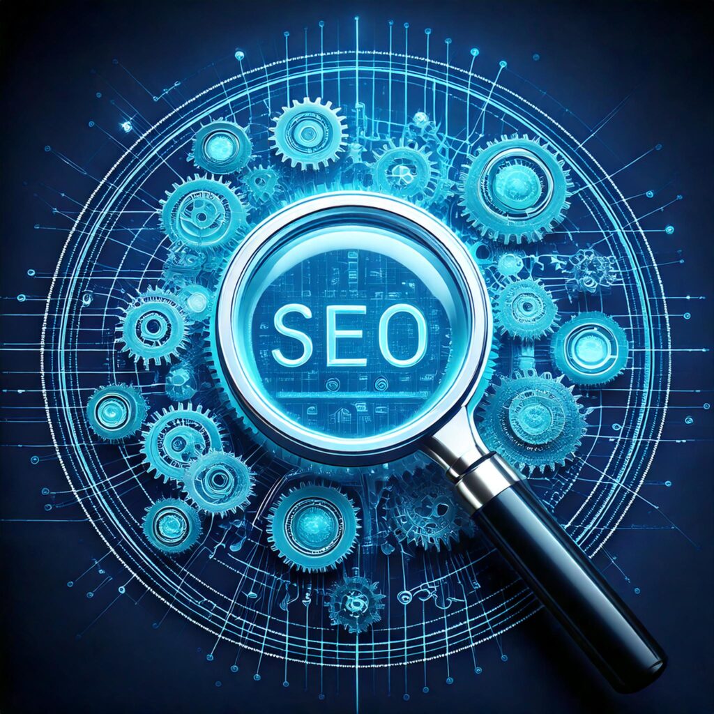 Ein futuristisches Design, das eine Lupe zeigt, die über den Begriff „SEO“ schwebt. Im Hintergrund sind technische Elemente wie Zahnräder, Datenströme oder eine abstrahierte Darstellung einer Website sichtbar. Die Farben könnten in Blau- und Weißtönen gehalten sein, um Technologie und Professionalität zu symbolisieren, während ein Hauch von Grün für Optimierung steht.