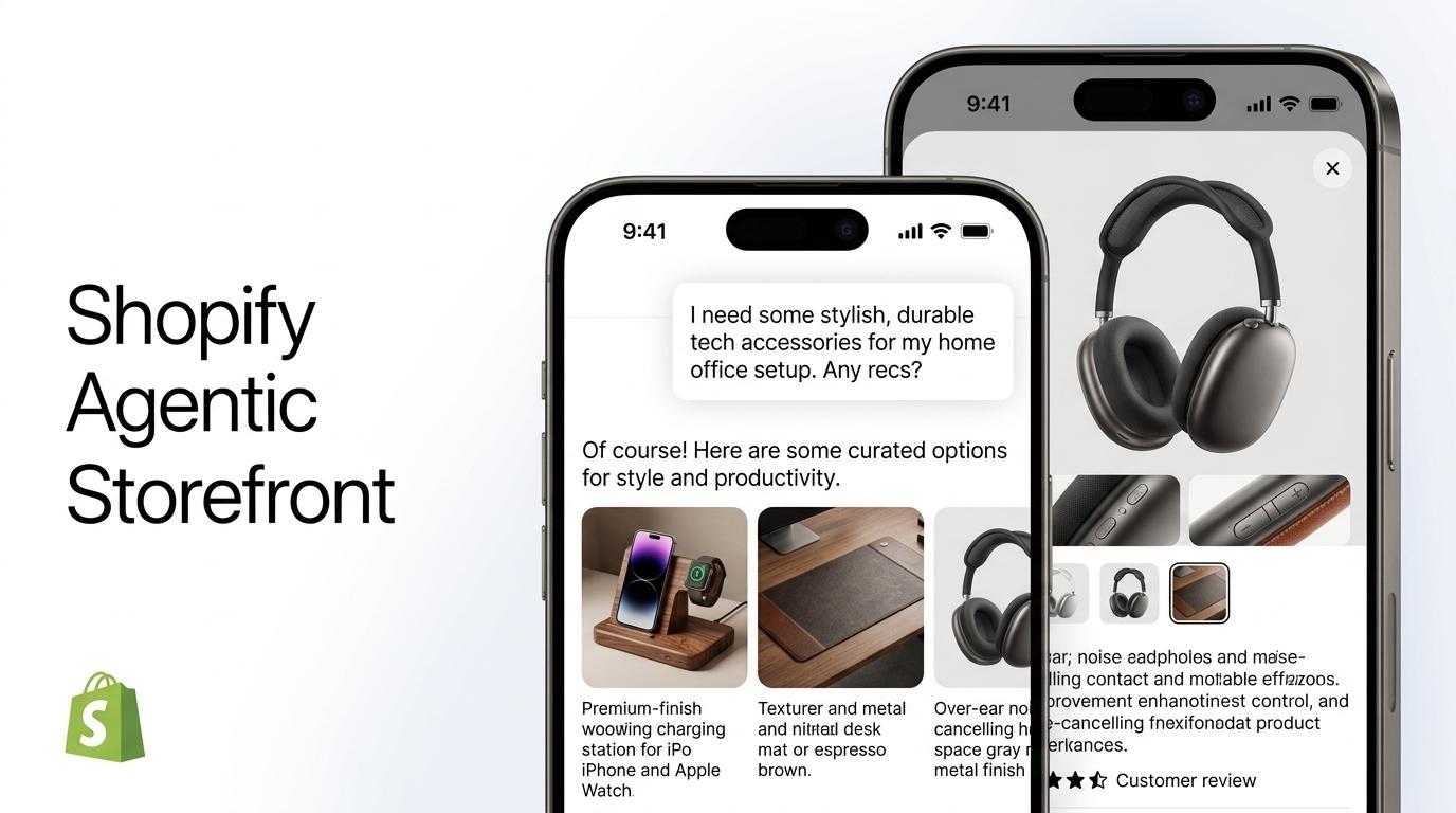 Shopify Agentic Storefront: Produktsuche und Kopfhörer auf zwei Smartphones