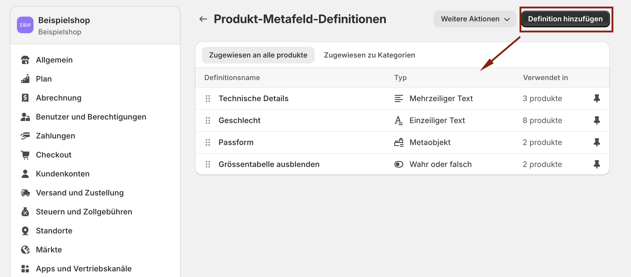Metafelder in Shopify anlegen. Auf Einstellungen > Benutzerdefinierte Daten gehen. Und Definition hinzufügen.