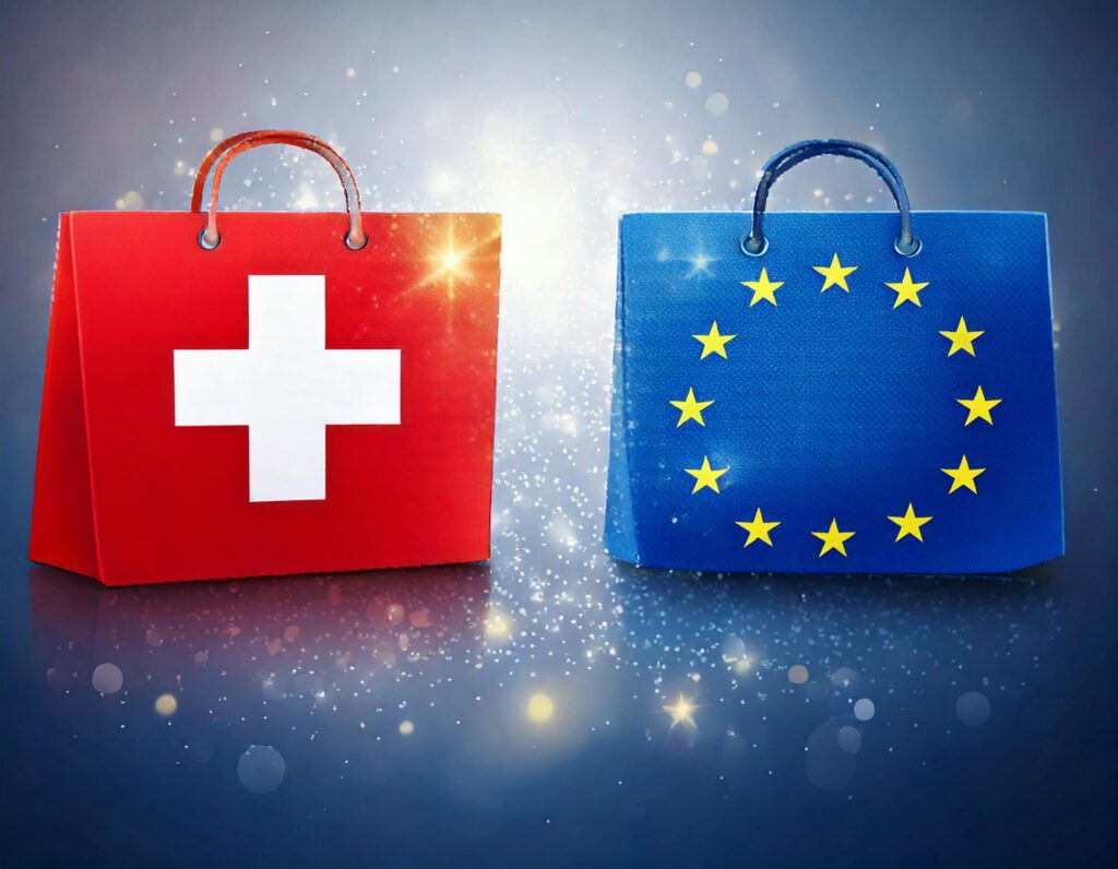 Vergleich zwischen Shopify-Shops in der Schweiz und Europa, dargestellt durch eine Schweizer Flagge, eine europäische Flagge und ein Shop-Symbol in der Mitte.