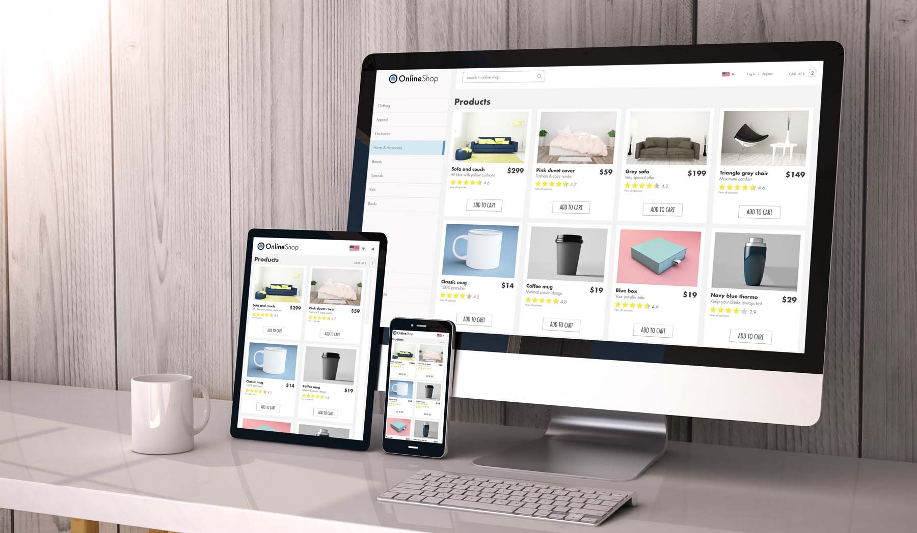 Produktübersicht eines Onlineshops auf mehreren Bildschirmgrössen