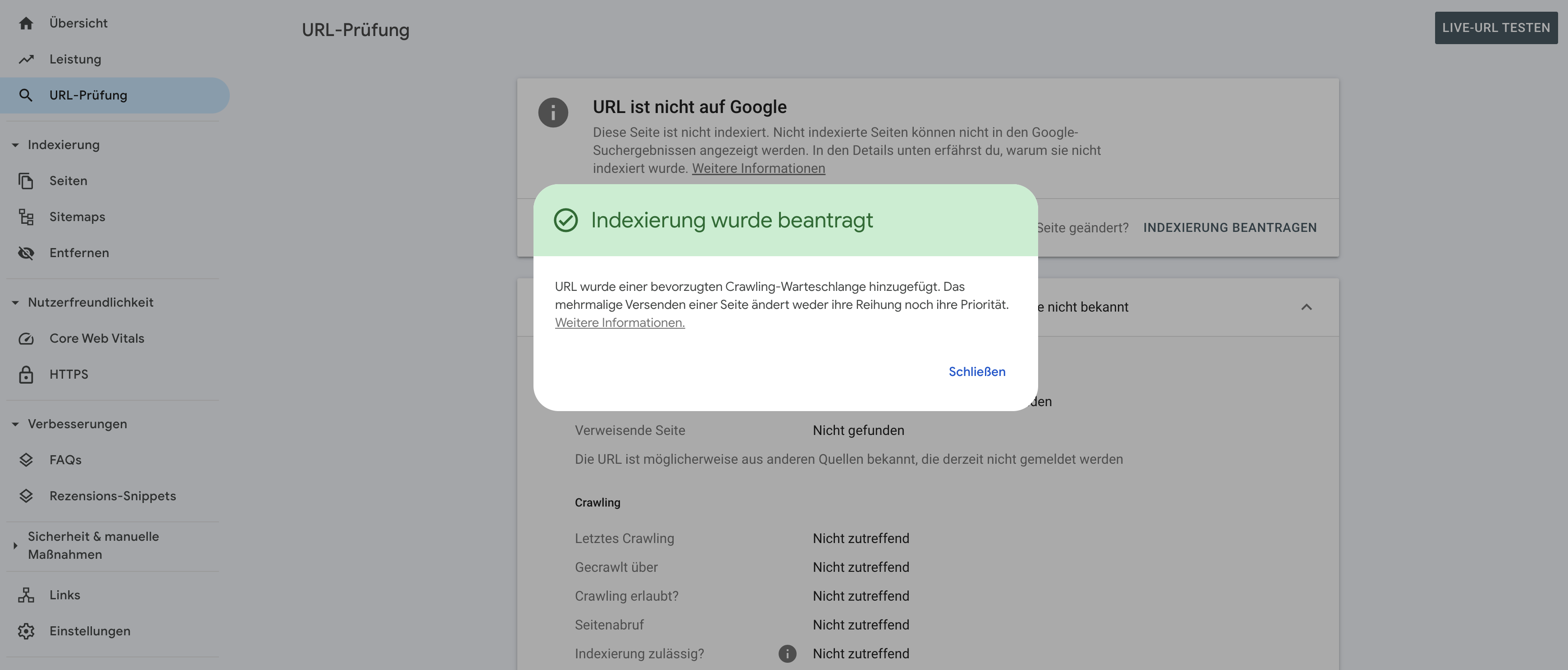 URL-Prüfung in der Google Search Console mit Status zur Indexierung